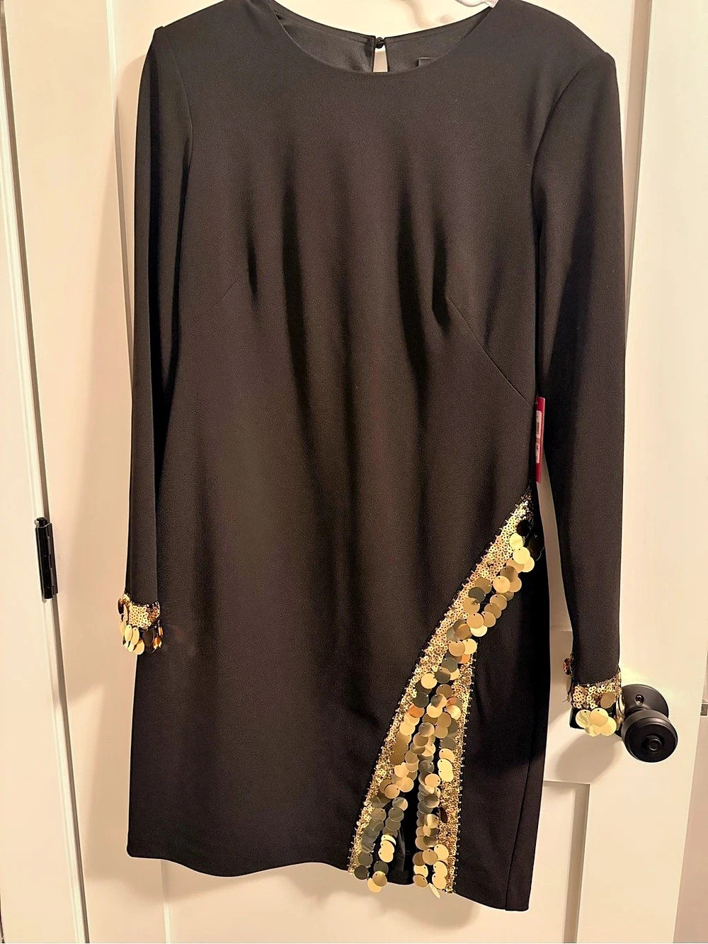 Vince Camuto Black Long-Sleeve Dress with Gold Sequin Trim Mini Dress with Gold